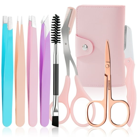 DUAIU Eyebrow Tweezer Set,8Pcs Precision Metal Tweezers for Flawless Shaping, Compact Pink Grooming Kit for Women & Men