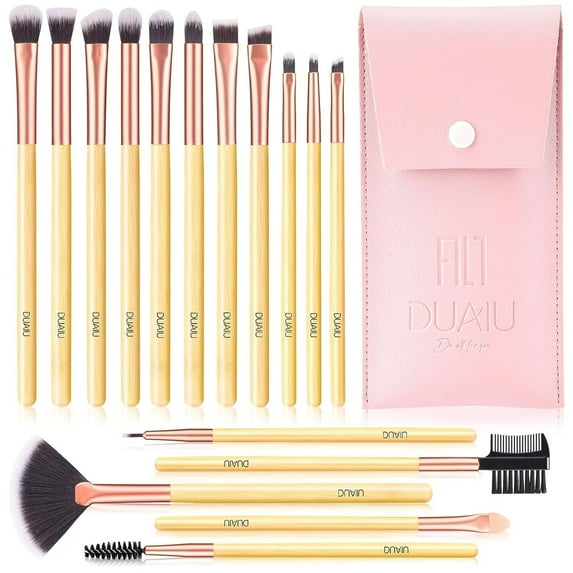DUAIU Eyeshadow Brush Set 16Pcs Bamboo Eye Makeup Brushes, Eye Shadow Brush for Blending Concealer Eyebrow Eyelash Eyeliner Premium Synthetic Make Up Brushes with Bag