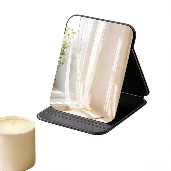 DUAIU Foldable Travel Makeup Mirror, Adjustable Angle Portable Standing Vanity Mirror, Compact PU Leather Design for Home/Camping/Desktop Use,Classic Black