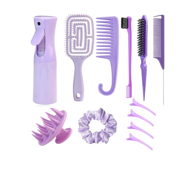 DUAIU Hair Brush Set, 12PCS Hair Brushes and Hair Combs for Women, Vented Deangler Brush Slick Back Brush Wide Tooth Comb Spray Bottles Hair Styling Tools (PURPLE)