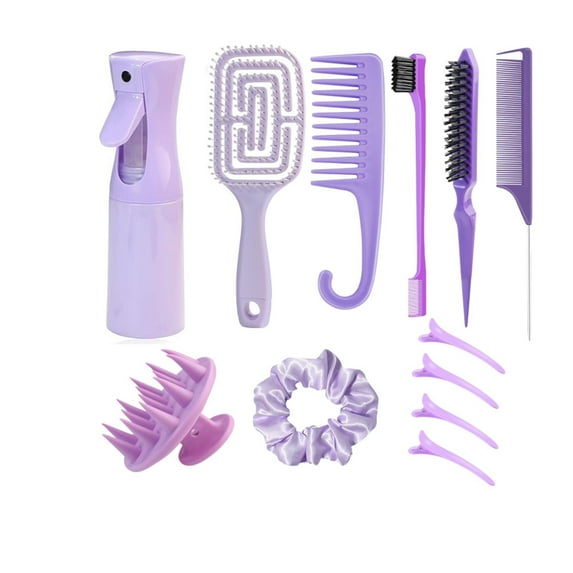 DUAIU Hair Brush Set, 12PCS Hair Brushes and Hair Combs for Women, Vented Deangler Brush Slick Back Brush Wide Tooth Comb Spray Bottles Hair Styling Tools (PURPLE)