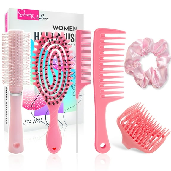 DUAIU Hair Brush Set, Wide Tooth Comb, Hollow & Roller Brush, Silicone Comb, Tail Comb & Hair Band - Detangling & Styling Kit (Pink)