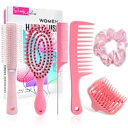 DUAIU Hair Brush Set, Wide Tooth Comb, Hollow & Roller Brush, Silicone Comb, Tail Comb & Hair Band - Detangling & Styling Kit Pink