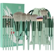 DUAIU Makeup Brushes 15pcs Makeup Brush Set Premium Synthetic Bristles Green Color Conical Handle Kabuki Foundation Brush Face Lip Eye Makeup Sets Professional with Portable Drawstring Flannel Bag