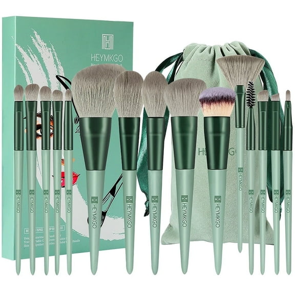 DUAIU 15-Piece Makeup Brush Set - Premium Synthetic Kabuki & Eye Brushes | Foundation, Blush & Lip Makeup Tools | Professional Green Conical Handle Set with Flannel Drawstring Bag