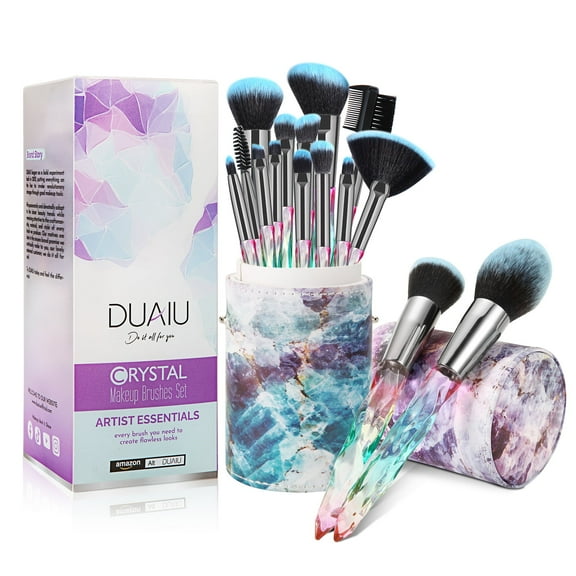DUAIU Makeup Brushes 15pcs Premium Synthetic Bristles Crystal Handle Set Kabuki Foundation Brush Face Lip Eye Makeup Brush Sets Professional with Starry Gift Box (Blue)