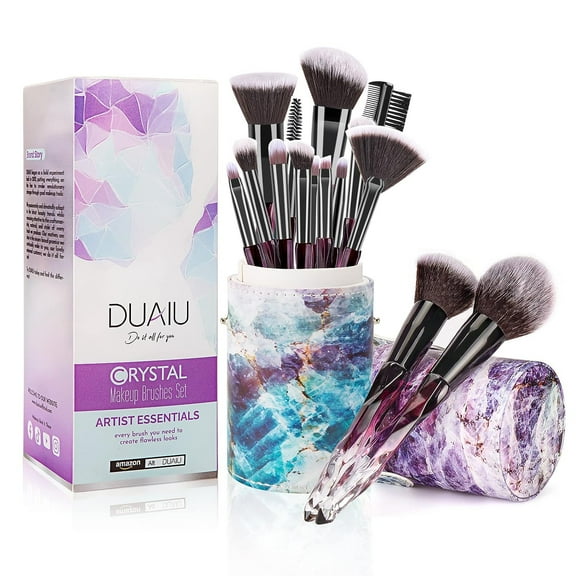 DUAIU Makeup Brushes 15pcs Premium Synthetic Bristles Crystal Handle Set Kabuki Foundation Brush Face Lip Eye Makeup Brush Sets Professional with Starry Gift Box(Purple)