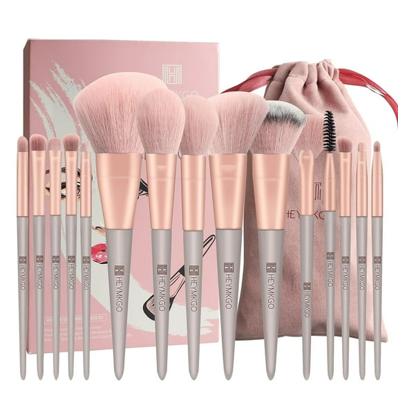 DUAIU 15-Piece Makeup Brush Set - Premium Synthetic Kabuki & Face Brushes | For Liquid/Powder, Buffing & Contouring | Travel Pouch Included (Pink)