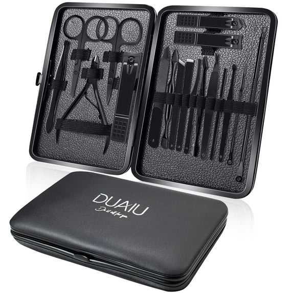 DUAIU Manicure Cutters Nail Clipper Set Household Stainless Steel Ear Spoon Nail Clippers Pedicure Nail Scis,Black leather 18pcs