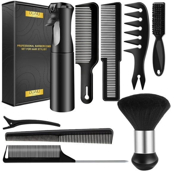 DUAIU Mens Hair Brush Kit - 9Pcs Black Hairdressing Tools Set for Men, Includes Comb & Styling Brushes - Perfect Gift for Birthday, Christmas & Fathers Day