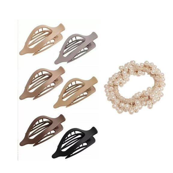DUAIU Pearl Beaded Hair Ties & 6-Pack French Hair Claw Clips Set - Pearl Ponytail Holders & Duck Mouth Barrettes for Women & Girls
