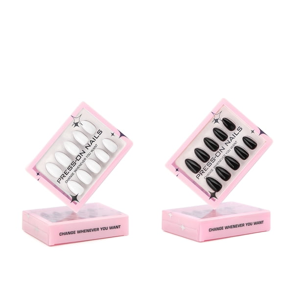 DUAIU Press on Nails Set,Short Almond Fake Nails,Solid Color Acrylic Nails, Full Cover Glossy Glue on Nails,Reusable False Nails,Suitable for Women 15 Sizes -Black 30Pcs,White 30Pcs (with Glue)