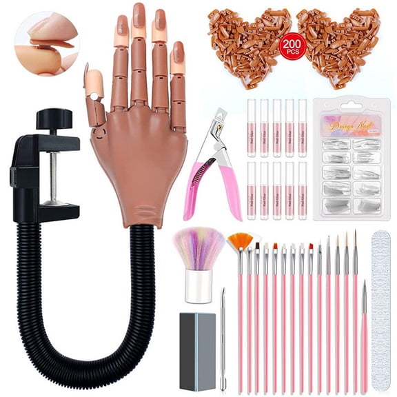DUAIU Professional Nail Practice Hand Kit - Flexible Mannequin Hand with 200pcs Nail Tips, Glue, Brush & Clipper - Acrylic Nail Training Set for Beginners & Manicure Students