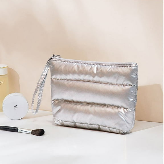 DUAIU Puffy Quilted Makeup Bag - Large Capacity Travel Cosmetic Organizer with Checkered Design, Cute Aesthetic Toiletry Pouch for Brushes & Skincare (Silver, Classic Stripes)