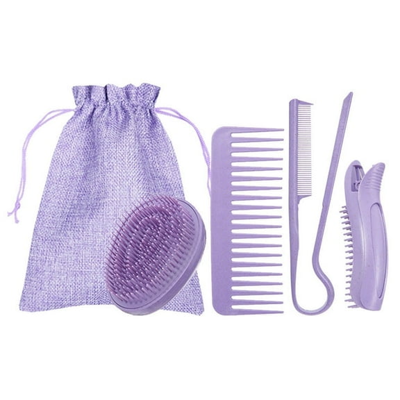 DUAIU Purple Wheat Straw Hair Brush Set - Wide Tooth Detangling Brush & Scalp Massager with Gift Bag,Straightening & Volumizing Styling Kit for Smooth Hair (5-Piece)