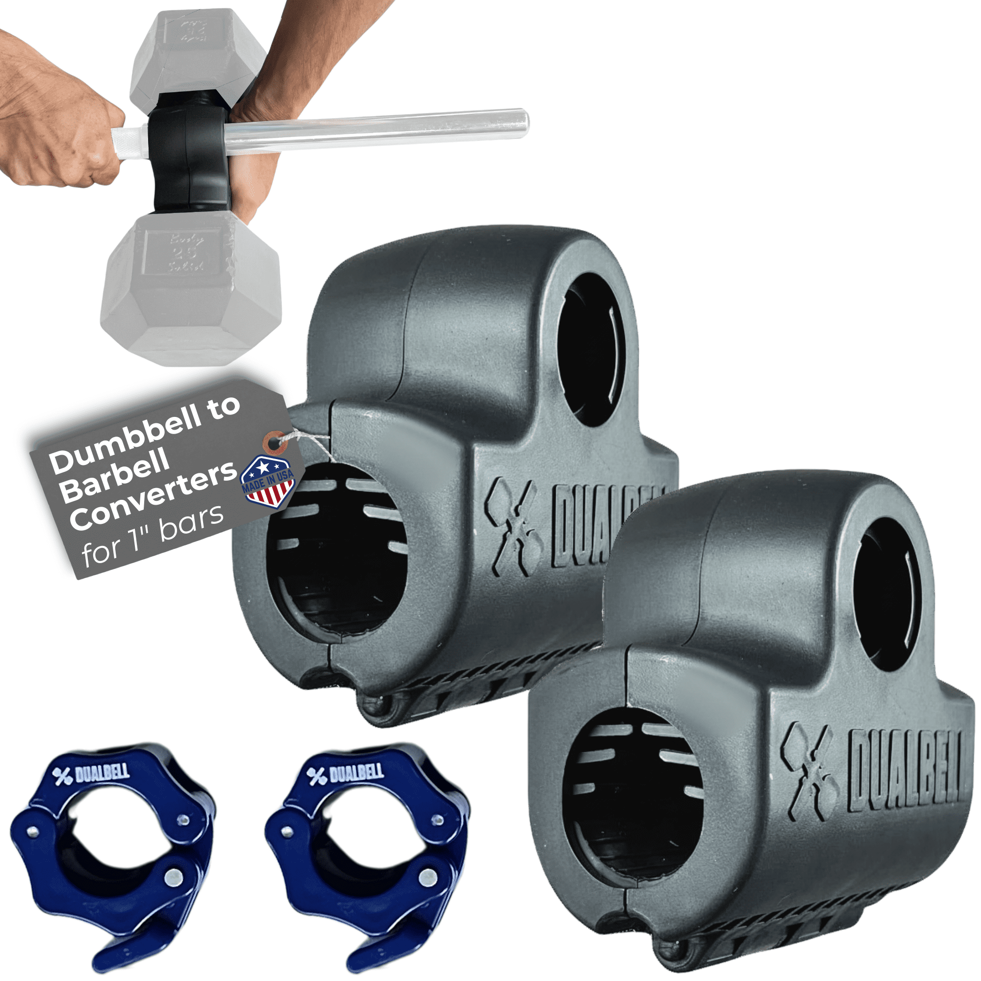 DUALBELL Convert Dumbbells to Barbell- Self Balancing, Secure Fit Dumbbell Converter, Max 250lb, Fits 1" Standard Bars, Home Gym Strength Training Equipment, Black Pair w/Blue Weight Collars