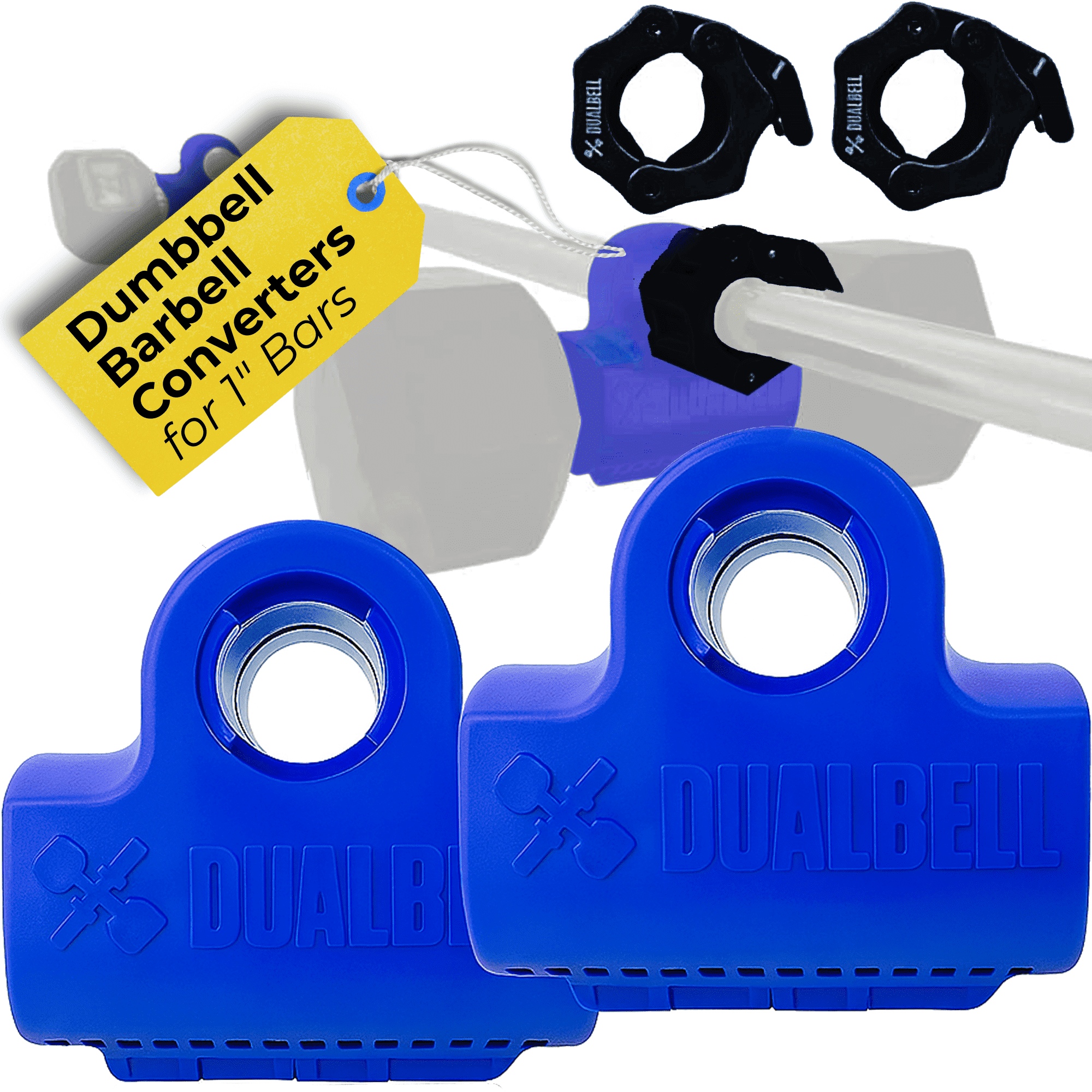 DUALBELL Convert Dumbbells to Barbell- Versatile Dumbbell Converter Bar, 250lb Capacity, Compatible Barbell Adapter for 1" Bars, Self Balancing, Home Gym Equipment, Blue Pair w/Black Collars