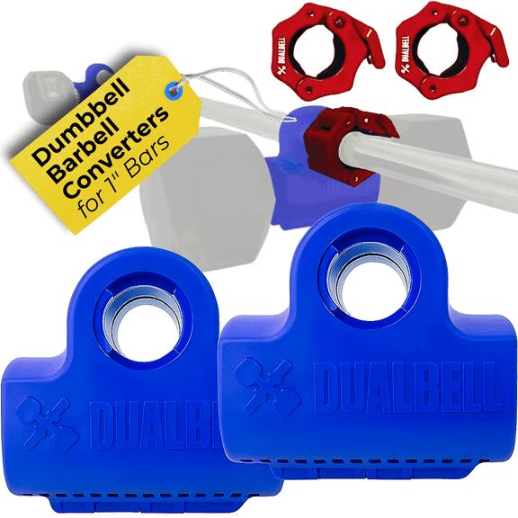 DUALBELL Dumbbell Barbell Connectors, Convert Dumbbells to Barbell, for 1" Diameter Bars, Versatile & Up to 250lb Capacity - Dumbbell Converter for Weight Lifting, Blue Pair w/Red Weight Collars