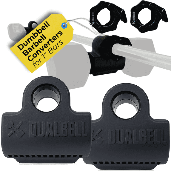 DUALBELL Dumbbell Barbell Converters- Pair Black w/black weight collars for 1", 25mm bar- Connect Dumbbells to 1" standard diameter bar, barbell adapters to replace weight plates- 250lb capacity