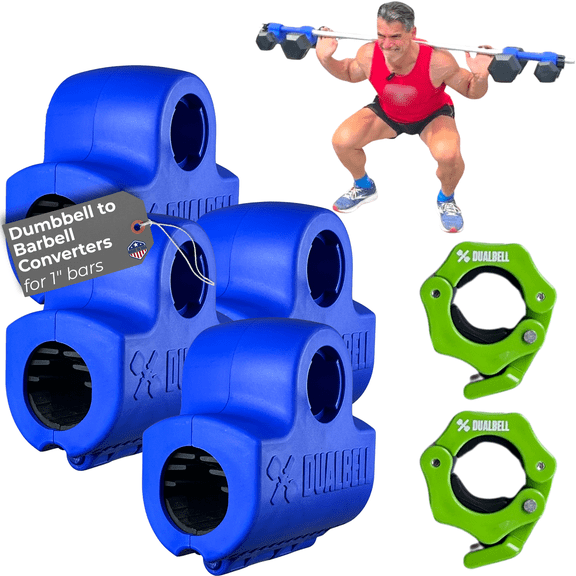 DUALBELL Dumbbell Barbell Converters -Versatile Dumbbell Converter for 1" Standard Bars, Convert Dumbbells to Barbell, 500lb Capacity, Secure Fit for Home Gym, Blue Superset w/Green Weight Collars