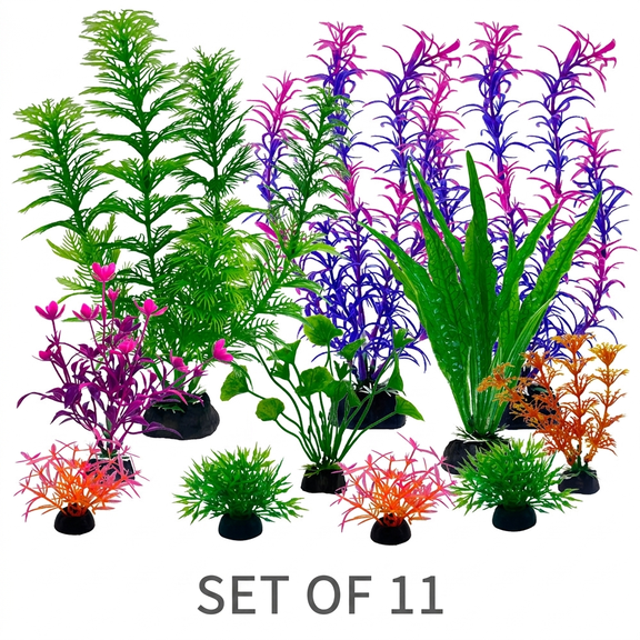 DUALFERV 11Pcs Aquarium Plants Fish Tank Decor Realistic Soft Plastic Aquatic Foliage with Weighted Base