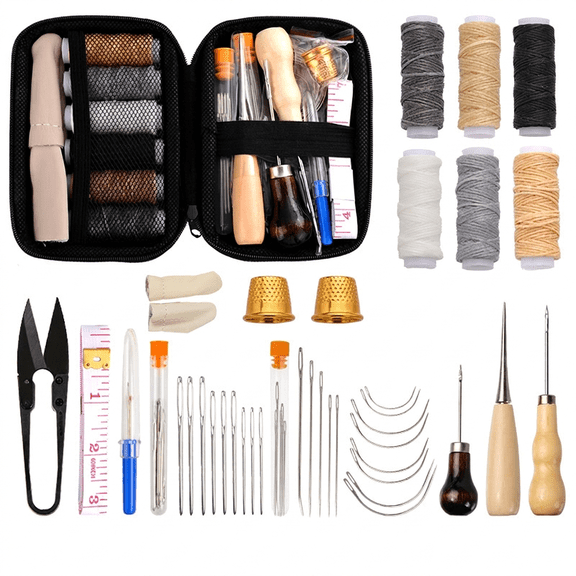 DUALFERV 30Pcs Leather Sewing Kit Professional Hand Stitching Tools with Waxed Thread Needles Awls for DIY