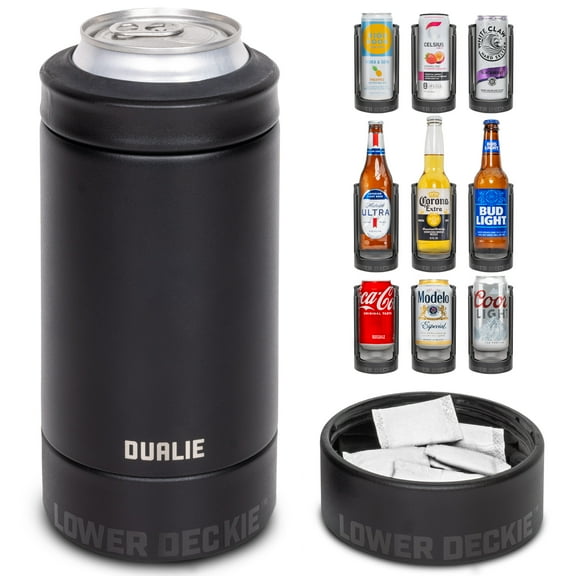 DUALIE Lower Deckie - Insulated 12 oz Can Cooler with Pouch Container - Universal Drink Holder with Built-in Pouch Bin - Black