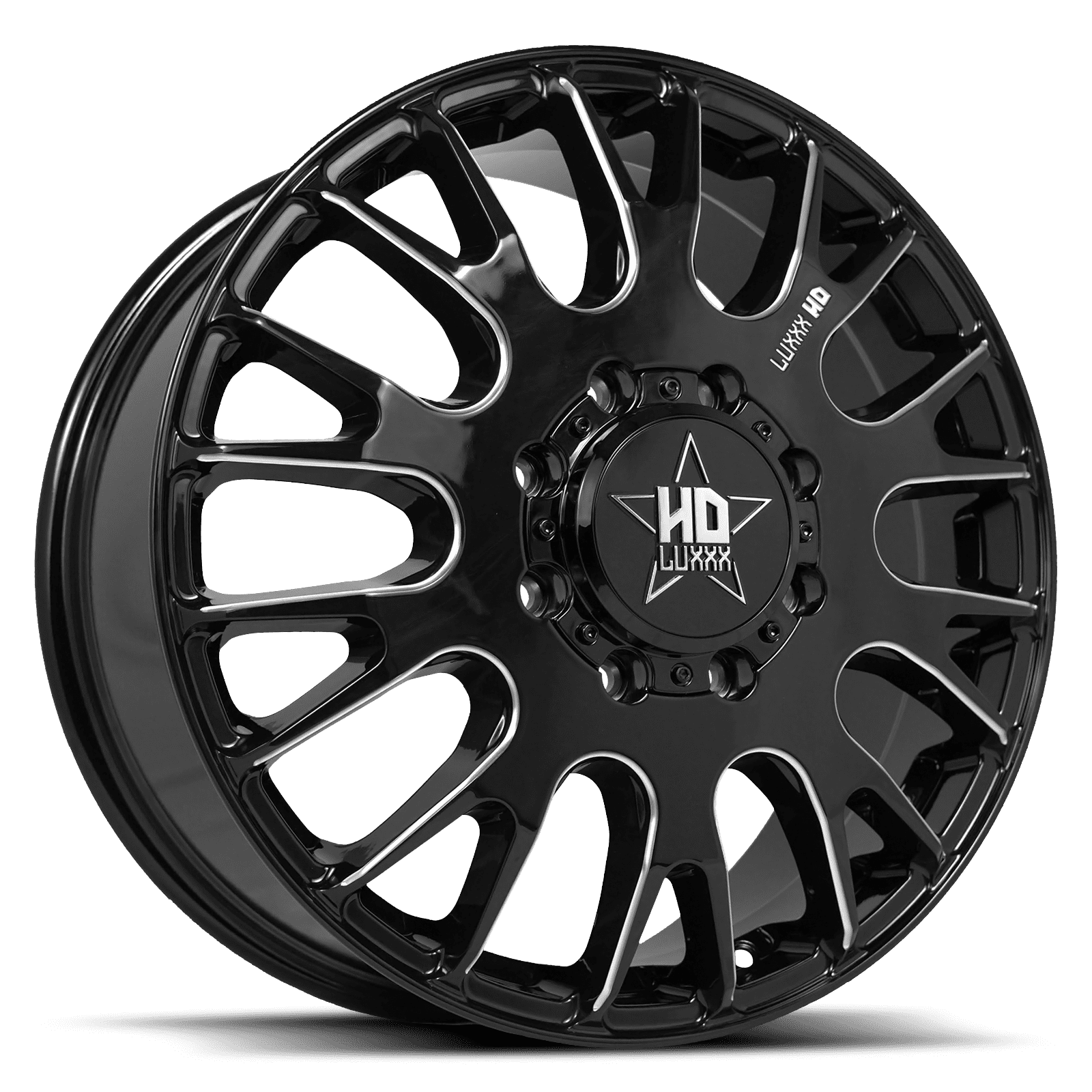 DUALLY HD34 17x6.5 8X165 +129 121.3 Gloss Black Milled (Front)