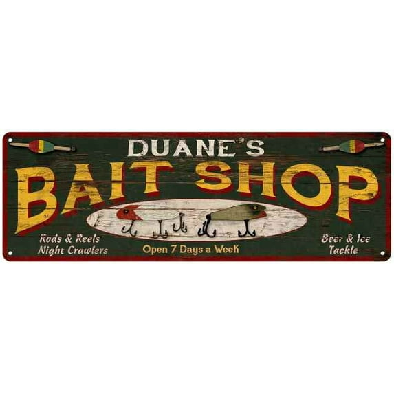DUANE'S Bait Shop Sign Wood Look Man Cave Den Gift 6x18 Metal 106180024218