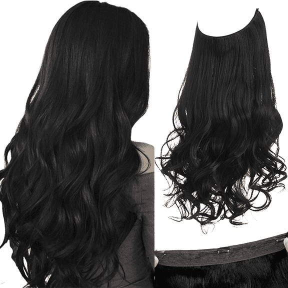 DUANJY 16 Inch Invisible Wire Halo Hair Extensions-Medium-Long to Long Wavy Synthetic Hairpiece, Adjustable Size No Clips, Transparent Wire Headband for Women, Black