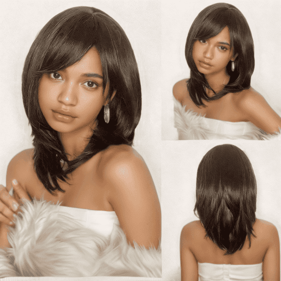 wisdomdodo 18 in Layered shoulder-length Wig with Bangs, Natural Straight Wig with Subtle Waves, Natural Black with Face-Framing Layers, Ready to Wear for Daily Use