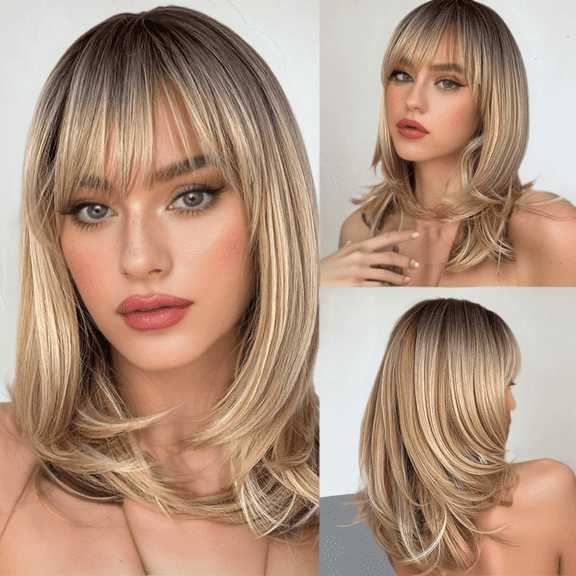 DUANJY 18 in Layered shoulder-length Wig with Bangs, Natural Straight Wig with Subtle Waves, Ombre Blonde with Dark Roots and Face-Framing Layers, Ready to Wear for Daily Use