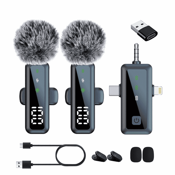 wisdomdodo 3 in 1 Wireless Lavalier Microphone with Noise Reduction, Professional Mini Mic for iPhone, Android, iPad, Dual Mics with Display & Windscreen