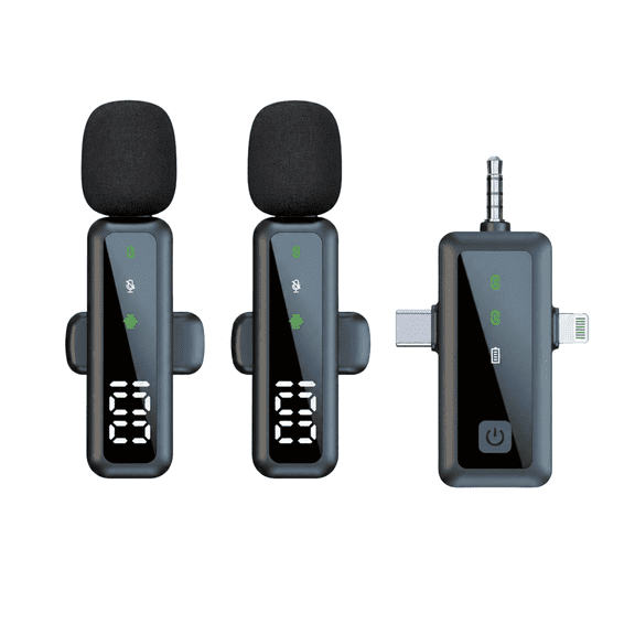 DUANJY 3 in 1 Wireless Lavalier Microphone with Noise Reduction, Professional Mini Mic for iPhone, Android, iPad, Dual Mics with Power Display Screen