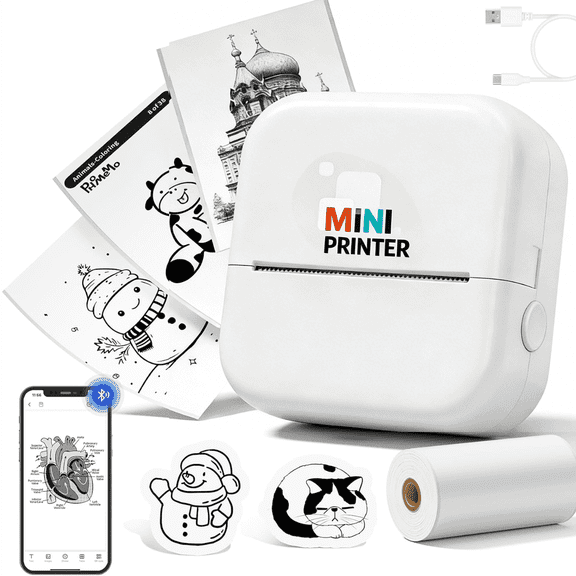 DUANJY Bluetooth Inkless Print, 2 inches Mini Thermal Printer with 1 Print Rolls Paper, Pocket Label Maker Suitable for Creative Diaries, DIY, Photos, Study Notes