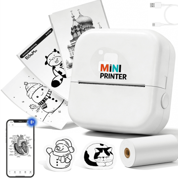 DUANJY Bluetooth Inkless Print, 2 inches Mini Thermal Printer with 1 Print Rolls Paper, Pocket Label Maker Suitable for Creative Diaries, DIY, Photos, Study Notes