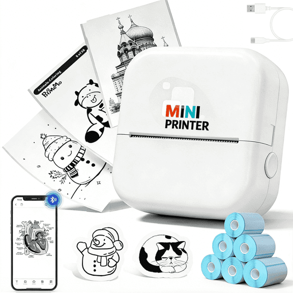 DUANJY Bluetooth Inkless Print, 2 inches Mini Thermal Printer with 5 Roll Thermal Sticker Paper, Pocket Label Maker Suitable for Creative Diaries, DIY, Photos