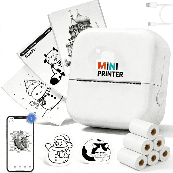 DUANJY Bluetooth Inkless Print, 2 inches Mini Thermal Printer with 5 Rolls Print Paper, Pocket Label Maker Suitable for Creative Diaries, DIY, Photos, Study Notes