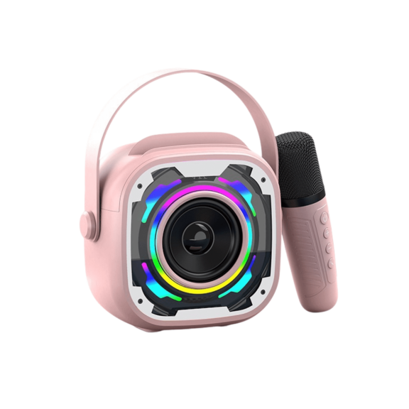 DUANJY Karaoke Machine for Kids&Adults, Portable Bluetooth Speaker with 1 Wireless Microphone, Mini Karaoke Machine with Stereo Sound Enhanced Bass, Rainbow Lights & Voice Changer, Pink