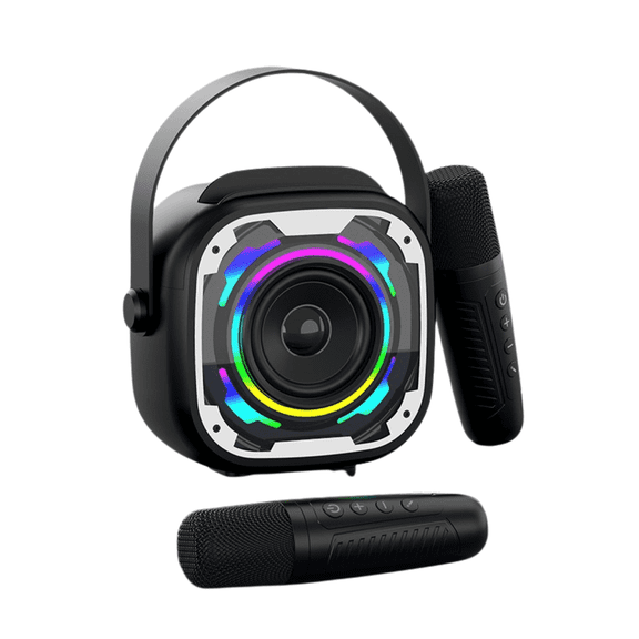 DUANJY Karaoke Machine for Kids&Adults, Portable Bluetooth Speaker with 2 Wireless Microphones, Mini Karaoke Machine with Stereo Sound Enhanced Bass, Rainbow Lights & Voice Changer, Black