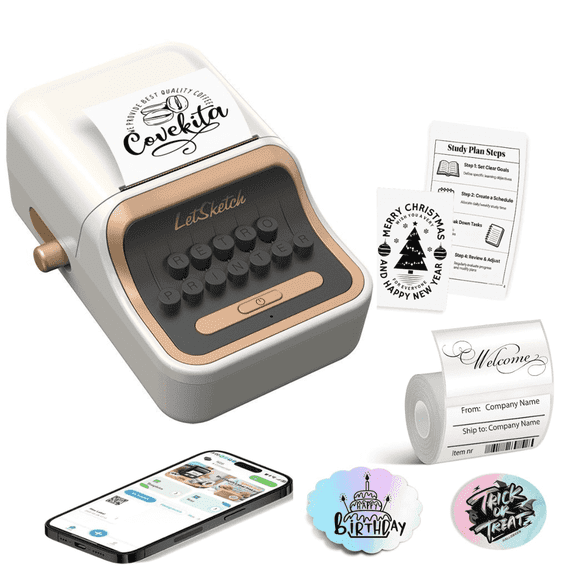 DUANJY Wireless Mini Retro Label Maker Machine with Tape,Bluetooth Portable Thermal Sticker Printer for Phone, Small Business, Address, Logo, Code, Food, Home, Kitchen,with Label(White)