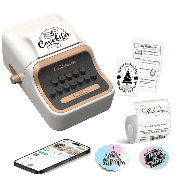 DUANJY Wireless Mini Retro Label Maker Machine with Tape,Bluetooth Portable Thermal Sticker Printer for Phone, Small Business, Address, Logo, Code, Food, Home, Kitchen,with Label(White)