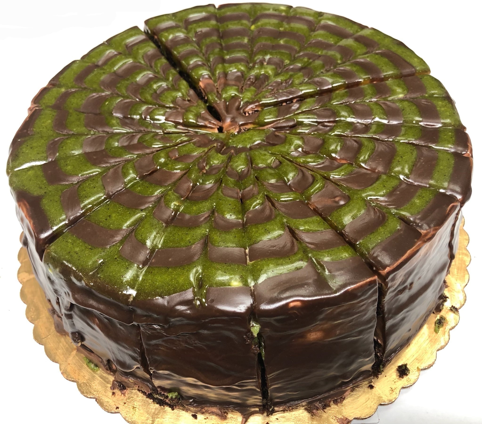 DUBAI CHOCOLATE CAKE 2 PER PACK ORIGINAL PISTACHIO KATAIFI LAYERS FILLING DELICIOUS CRUNCHY KNAFEH 10 INCH  CAKE TOPPED  14 SLICES PER CAKE RICH CAKES 2 PACK