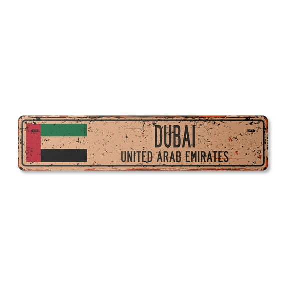 DUBAI UNITED ARAB EMIRATES Vintage Plastic Street Sign Emirati flag city country road wall gift | Indoor/Outdoor | 30" Wide