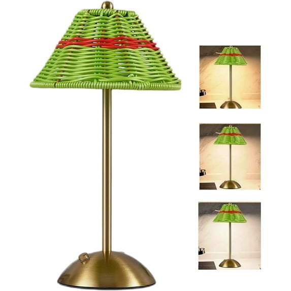 DUBF Boho Rattan Table Lamp, Cordless Wicker Lamp Rechargeable Bamboo Desk Lamp 3 Color Dimmable Touch Control Night Light for Bedroom, Living Room, Outdoor Decor