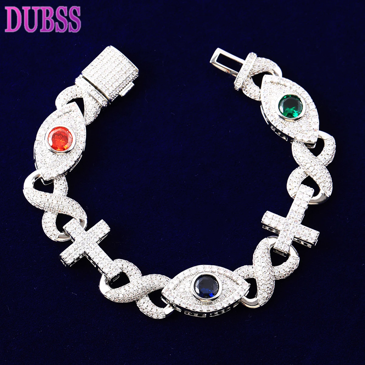 DUBSS Colorful Eye Infinity Cross Link Bracelet for Women Real Gold Plated Cubic Zirconia Hip Hop Jewelry