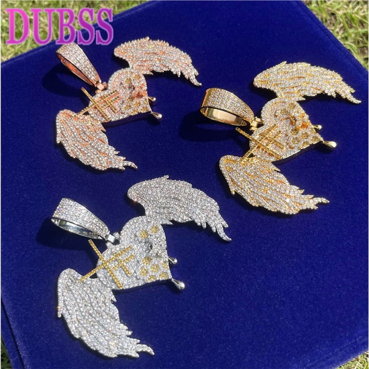 DUBSS Iced Out Heart Wings Necklace Pendant for Women Real Gold Plated Cubic Zirconia Hip Hop Jewelry