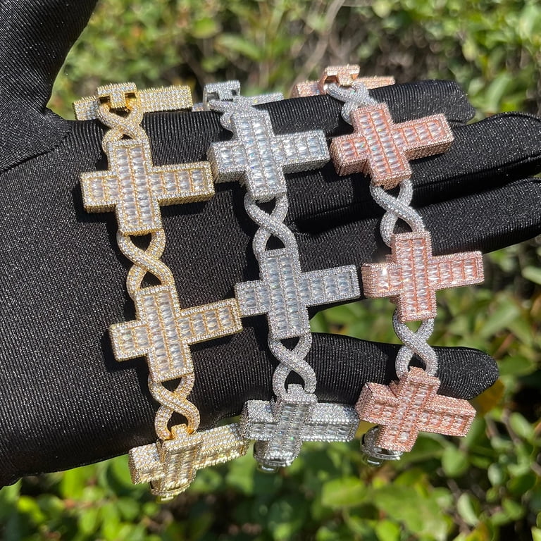 DUBSS Iced Out Infinity Link Bracelet for Men Baguette Cross Real