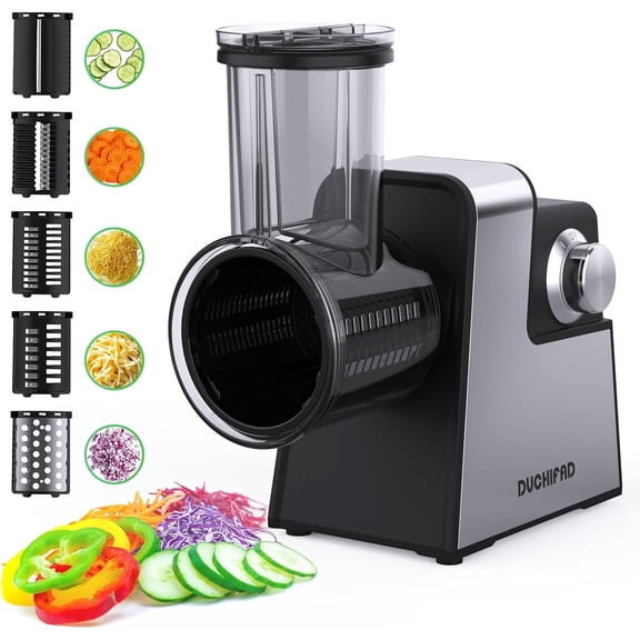 DUCHIFAD 5-in-1 Electric Cheese Grater, Electric Vegetable Slicer Shredder with 5 Stainless Blades, Salad Maker with One-Touch Control for Cheese, Vegetables and Fruits