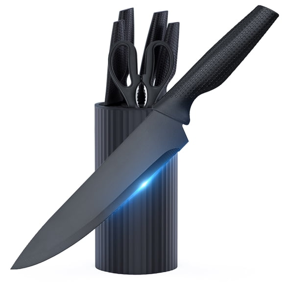 DUCHIFAD 7 Piece Kitchen Knife Set with Block, Stainless Steel Sharp Knives, Anti-Rust, Ergonomic Handle,Black